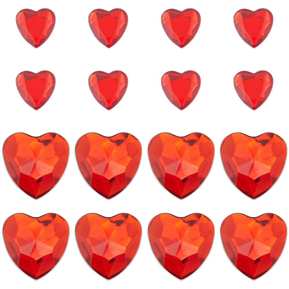 200Pcs 2 Sizes Red Rhinestone Heart Shape Flat Back Faceted Acrylic Rhinestones Plastic Gems Costume Jewels Embellishments