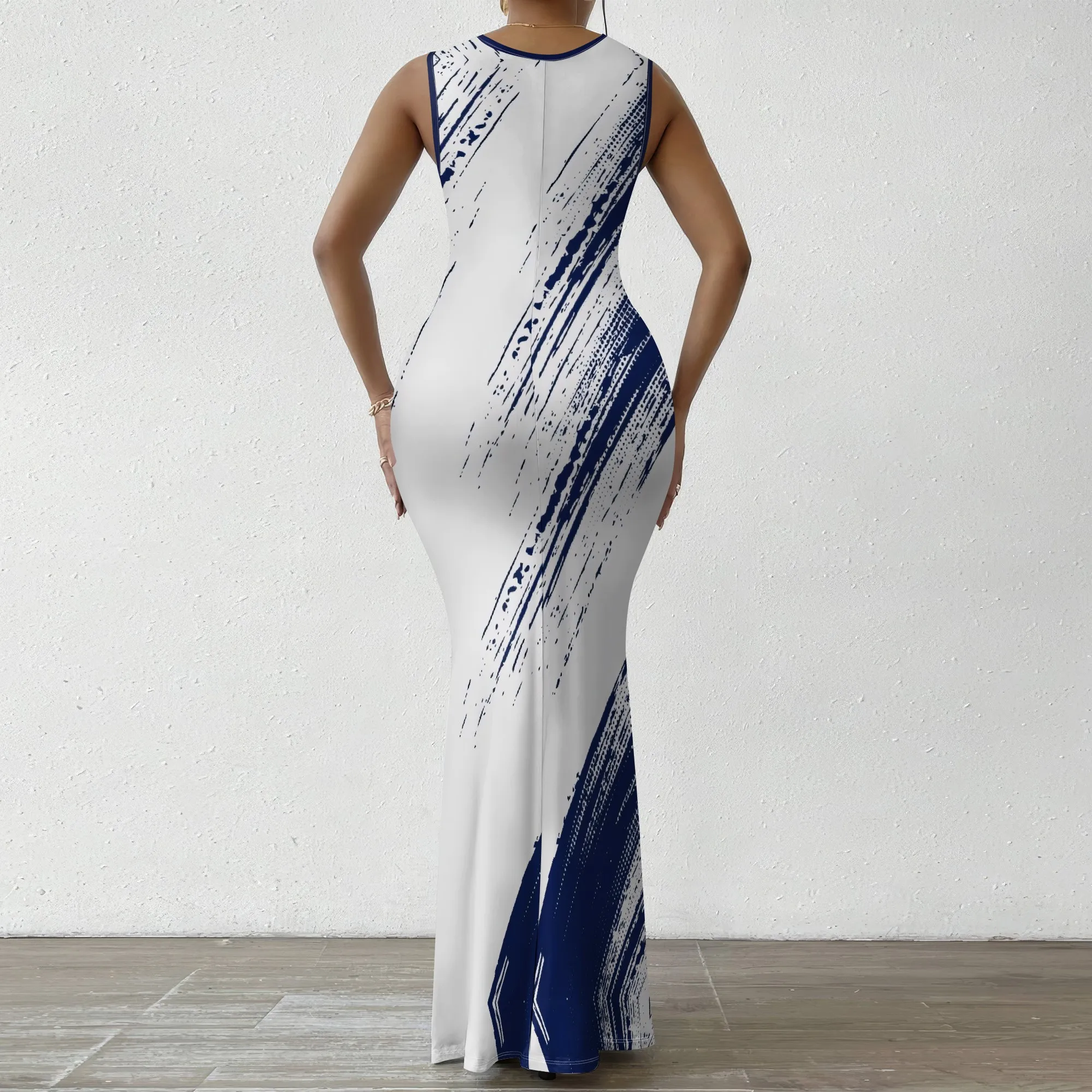 Vestido maxi feminino sem mangas com decote em V Branco Marinha Brush Stroke Print Vestido de festa bodycon de verão