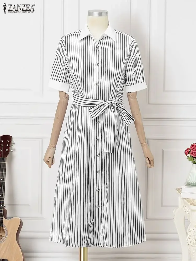 فساتين قميص طويلة أنيقة من ZANZEA للنساء بأكمام قصيرة مخططة موضة ماكسي فيستدوس بحزام لصيف 2025 رداء نسائي للحفلات #4