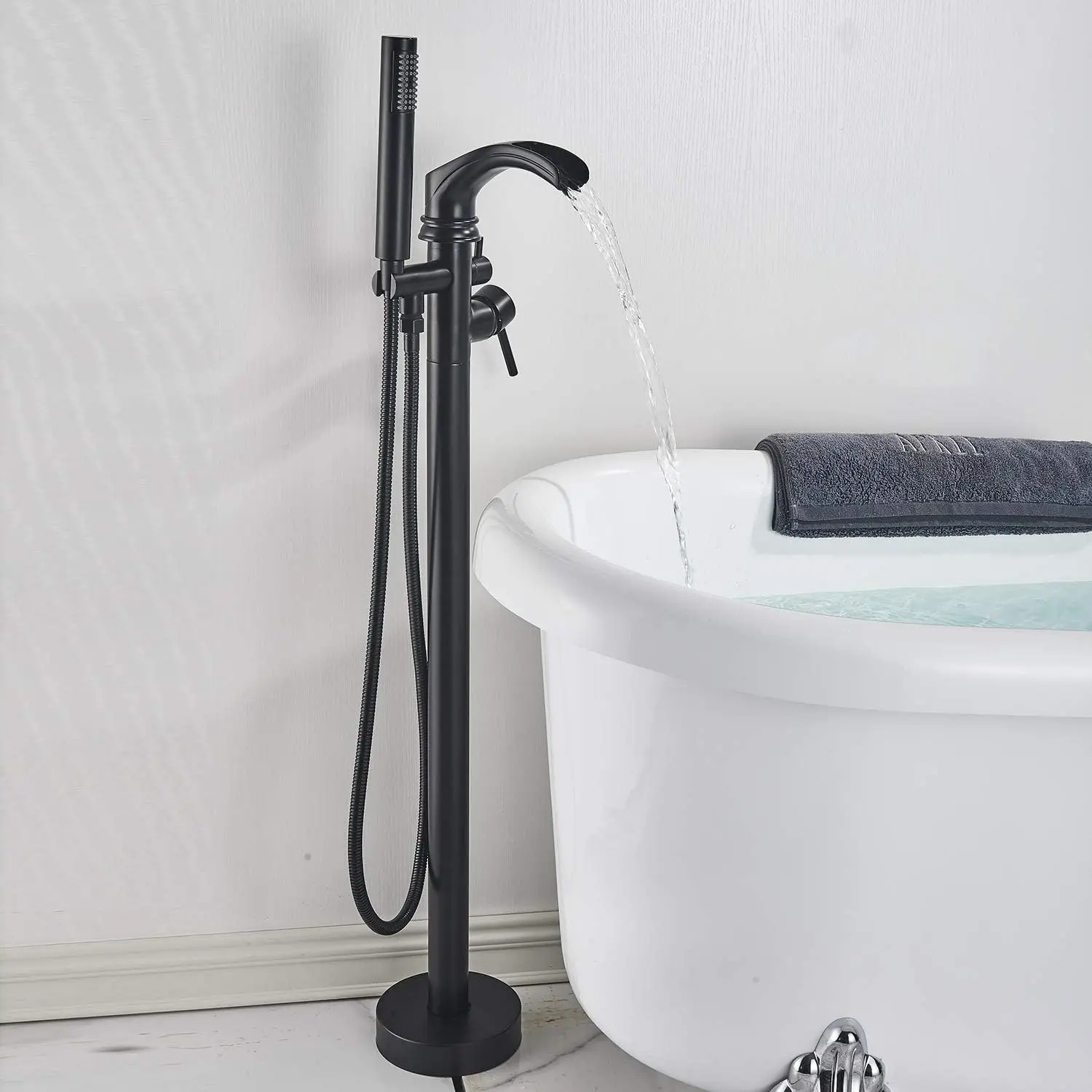 Black Freestanding Bathtub Shower Mixer Taps Floor Mounted Single Handle Clawfoot Tub Filler Shower Faucets With Hand Sprayer