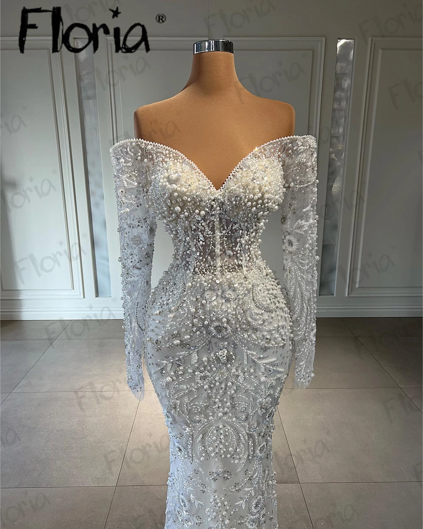 Perle bianche di lusso con spalle scoperte perline abito da sera a sirena abiti da festa di nozze lunghezza del pavimento Robe De Soiree Vestido De Noiva