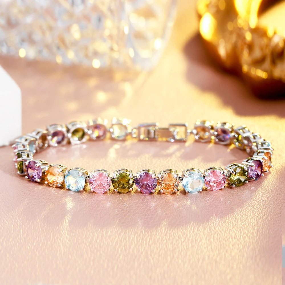 BeaQueen Classic Full CZ Stone Crystal Engagement Jewelry Romantic Multicolor Cubic Zirconia Chain Link Bracelets for Women B241