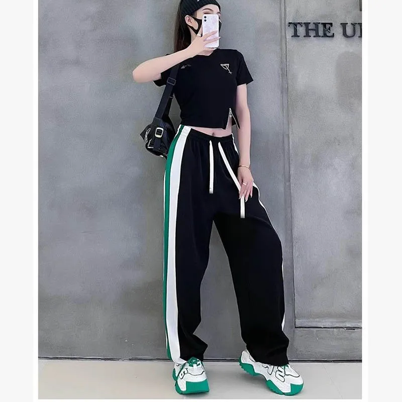 Large size casual leg tied black straight leg American work pants for spring and autumn women chubby mm small stature slim pants