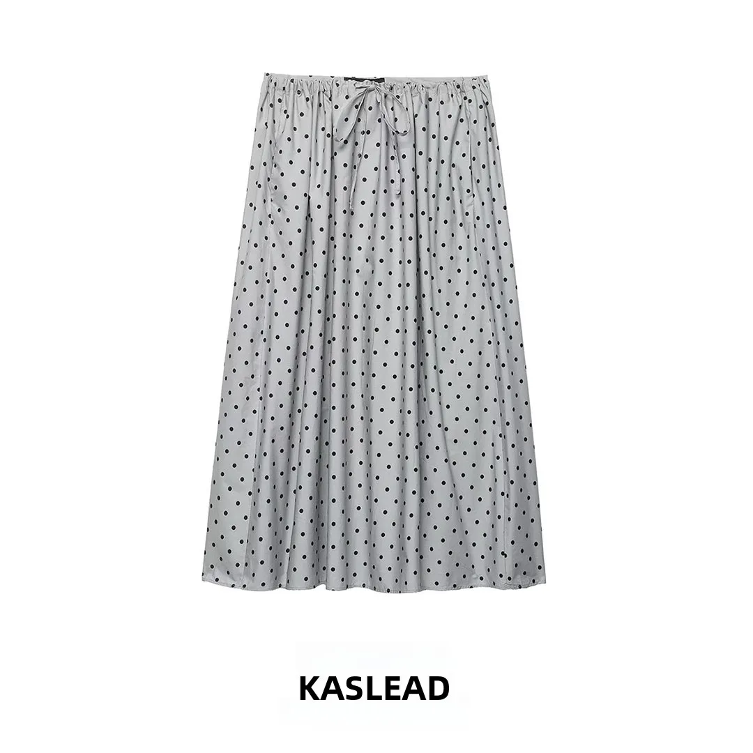 

Модная женская юбка миди в горошек KASLEAD: универсальная, с завышенной талией, из полиэстера, с узлом