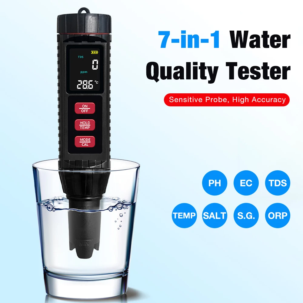 LCD Digital PH Meter 7 In1 Water Quality Tester PH/EC/TDS/Salt/S.G/ORP/Temp Water Monitor For Freshwater Aquarium Swimming Pool