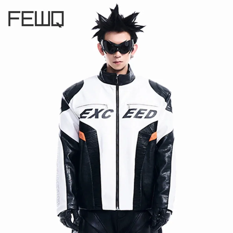 

FEWQ PU Letter Printed Thick Motorcycle Jacket 2024 Contrast Color Zipper Male Tops Korea Fashion Male Tops Patchwork 24E2704