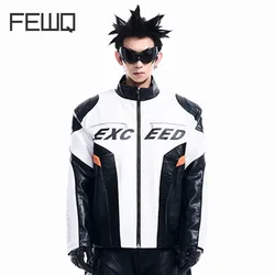 FEWQ PU Letter Printed Thick Motorcycle Jacket 2024 Contrast Color Zipper Male Tops Korea Fashion Male Tops Patchwork 24E2704