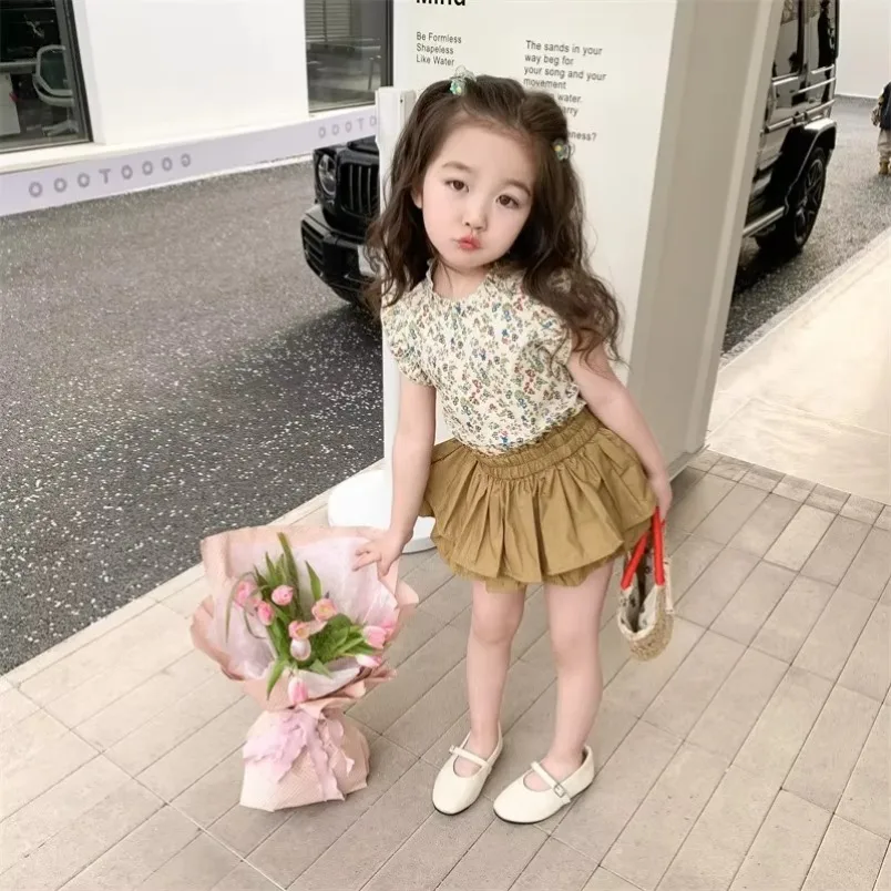 Korean New Children's Sets Clothing 2025 Summer for Girls Girls Sets Print Flower Set Two Piece Cotton Girl's Vest Skirt Set