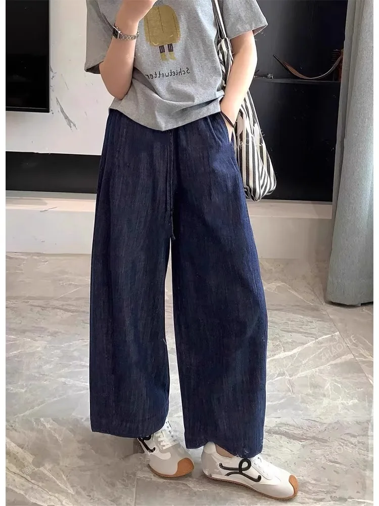 

Ретро джинсы больших размеров с высокой талией, синие, женские, тонкие, прямые, широкие, укороченные, повседневные, свободного кроя, из денима