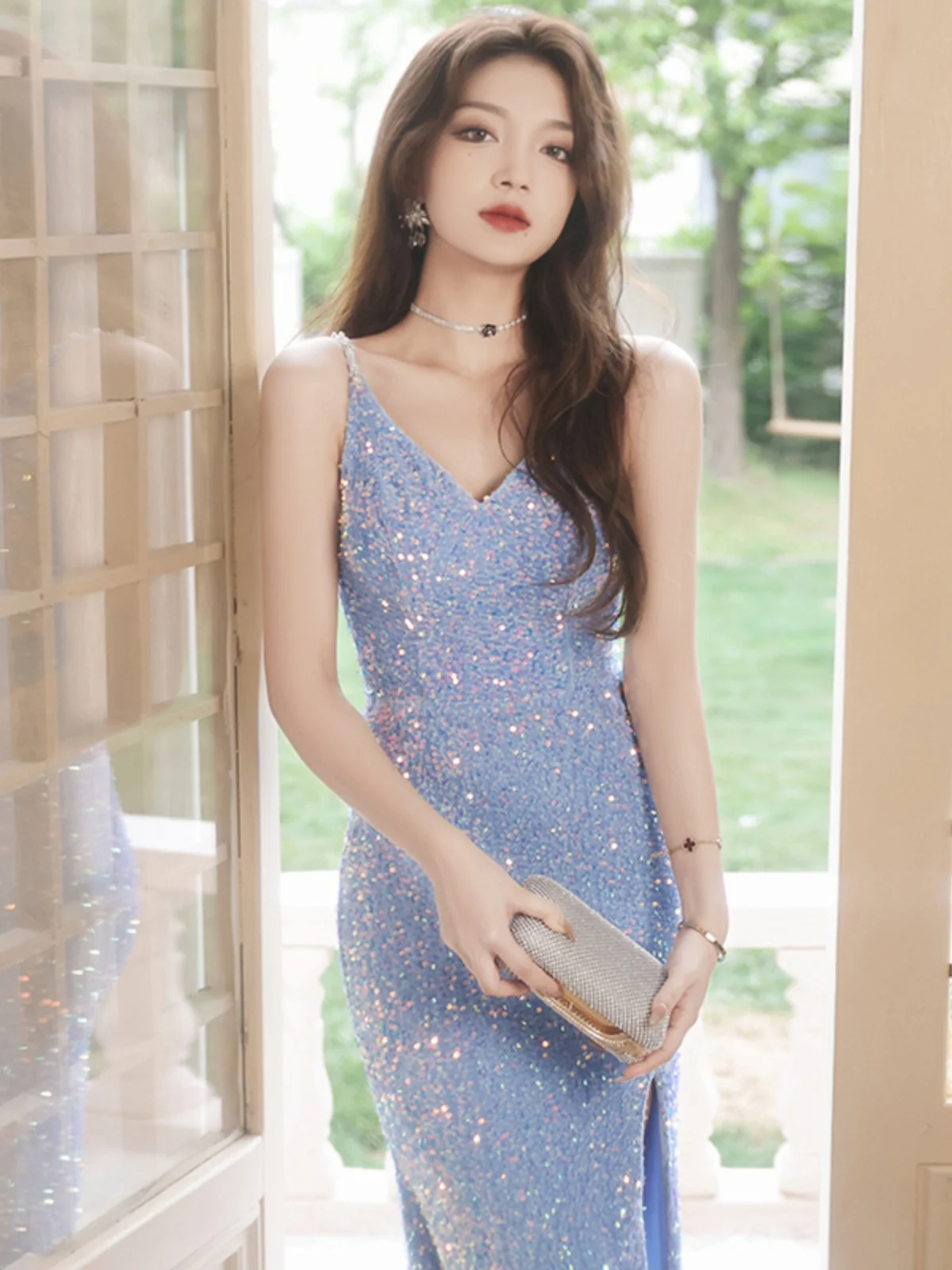 

Blue Sequin Engagement Evening Gown Women's New 2026 High-End Luxury Tailored Fi Tail Host Dr Sexy Mid-Waist Zipper