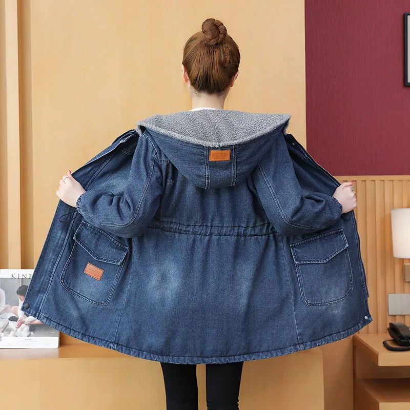 

Women Denim Winter Coat Casual Loose Hooded Thicken Loose Denim Jackets Warm Long Padded Cotton Parkas Jacket Female W1074