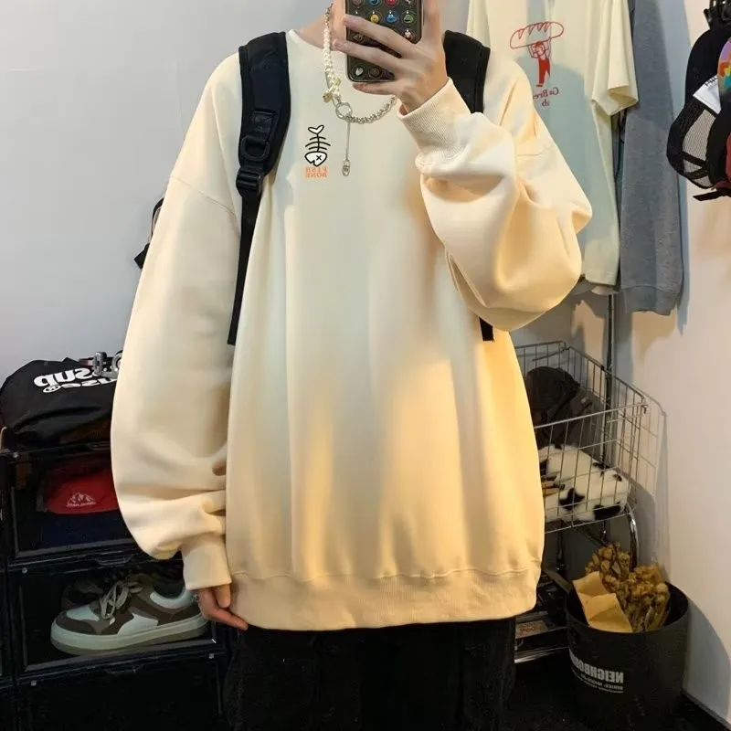 M-8XL Autumn Men Oversized Sweatshirts Fashion Loose Simple Graffiti Fishbones Print Long Sleeve Plus Velvet Couple Clothes