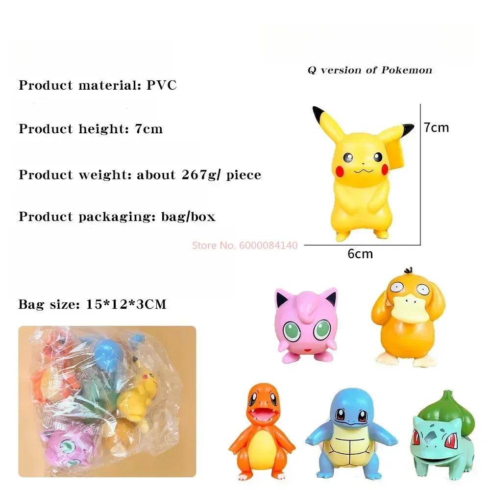 Pokémon Q Version Figura Anime, Pikachu, Charmander, Squirtle, Pet, Elf, Boneca Modelo PVC, Desktop Ornaments, Boxed Toy, Animação, 6pcs