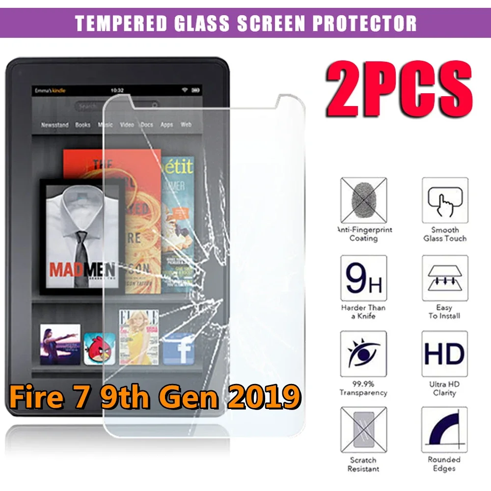 

For Amazon Fire 7 9th Gen 2019 2Pcs Tablet Tempered Glass Screen Explosion-Proof Screen Protector Cover for Fire 7 9th Gen