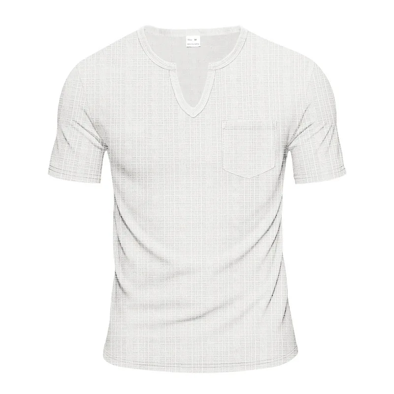 

Men's Notch V Neck T-Shirt with Chest Pocket 2026 Quiet Luxury Elevated Basic Check Textured Tech Fabric Travel Friendly Wrinkle