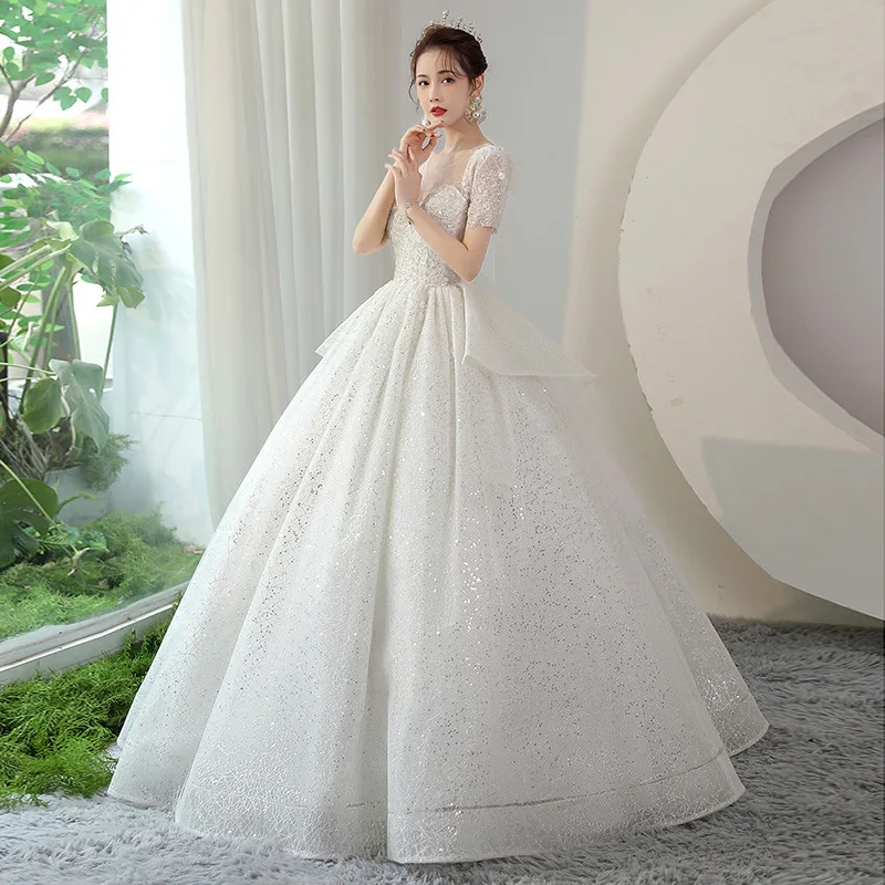 Short Sleeves Hot Diamond Wedding Dress Beautiful O-neck Wedding Dresses Classic Organza Vestido De Novia New Fashion