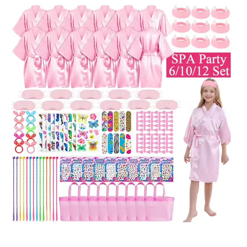 6/10/12 مجموعة سبا حفلة عيد ميلاد الجلباب العباءات للفتيات كيمونو الساتان رداء الساخن الوردي سبا حفلة Favors للأطفال الطفل عيد ميلاد سبا كيت