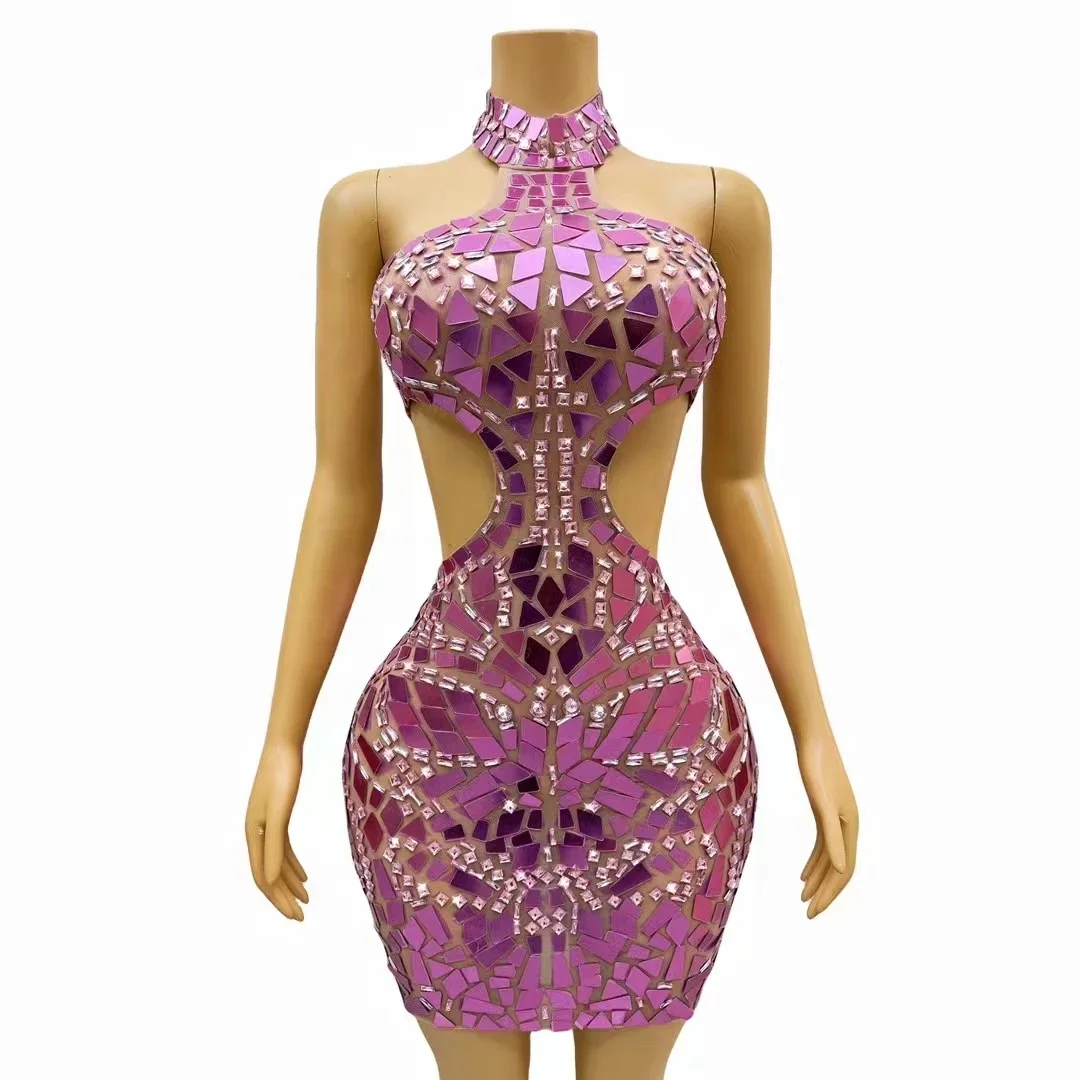 

Sexy Backless Pink Dress Rhinestones Mirror Hollow Waist Nightclub Bar Club Party Stage Wear Women Singer Performance Costume