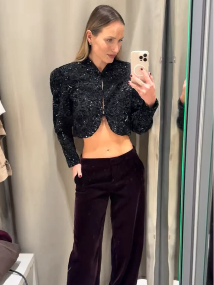 

Женская черная повседневная короткая куртка с пайетками, шикарные укороченные куртки с длинными рукавами и v-образным вырезом, широкие плечи, 2026, женская уличная верхняя одежда, новинка