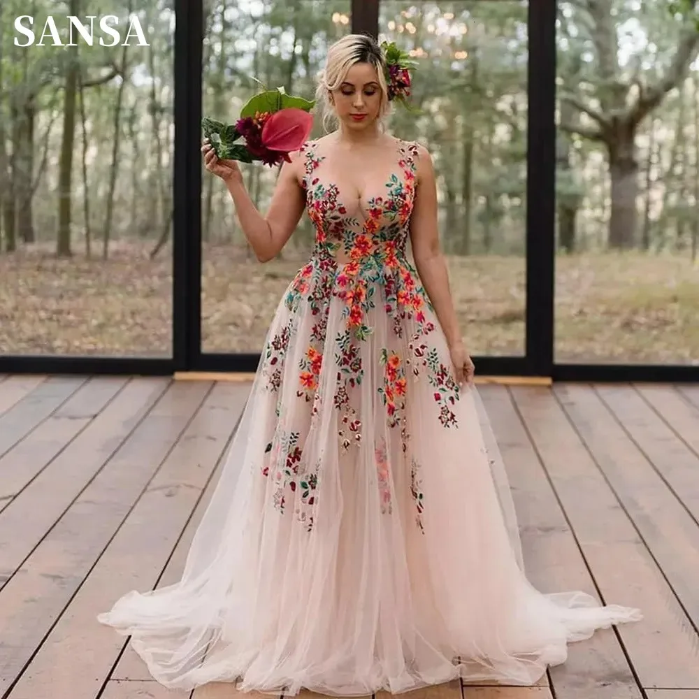 Sansa Fairy Flower Lace A-line Wedding Dress Sweet Customized Sleeveless Vestidos De Novia Floral Embroidery Robe De Mariée