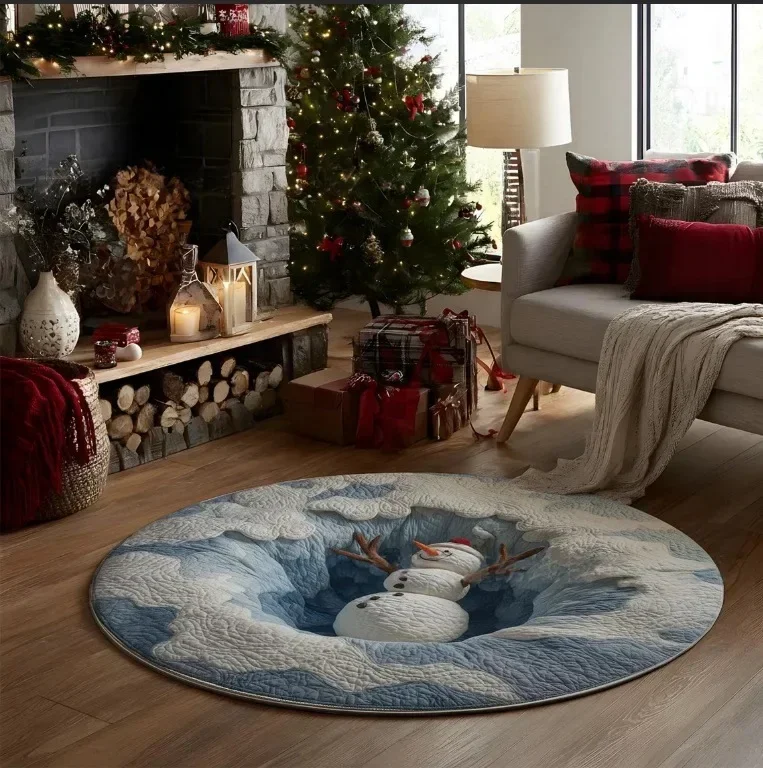 Round Area Rug 2D Illusion Optical Hole Cartoon Ice Figure Sculpture Embossed White Snow Waves Teal Blue Ice Pit Base For Floor