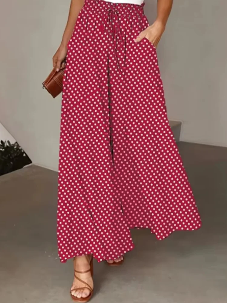 Lace Up Printed Women's Long Trousers Casual Pocket Women's Wide Leg Pants Fashionable High Street Bohemian Style Summer Daks