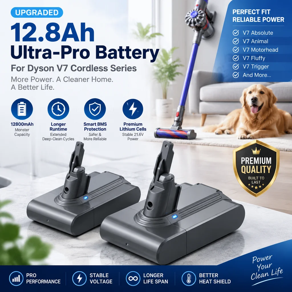 Batterie de remplacement 12,8 Ah pour aspirateur sans fil Dyson V7, batterie lithium-ion haute capacité 21,6 V avec protection BMS intelligente, autonomie jusqu'à 60 minutes