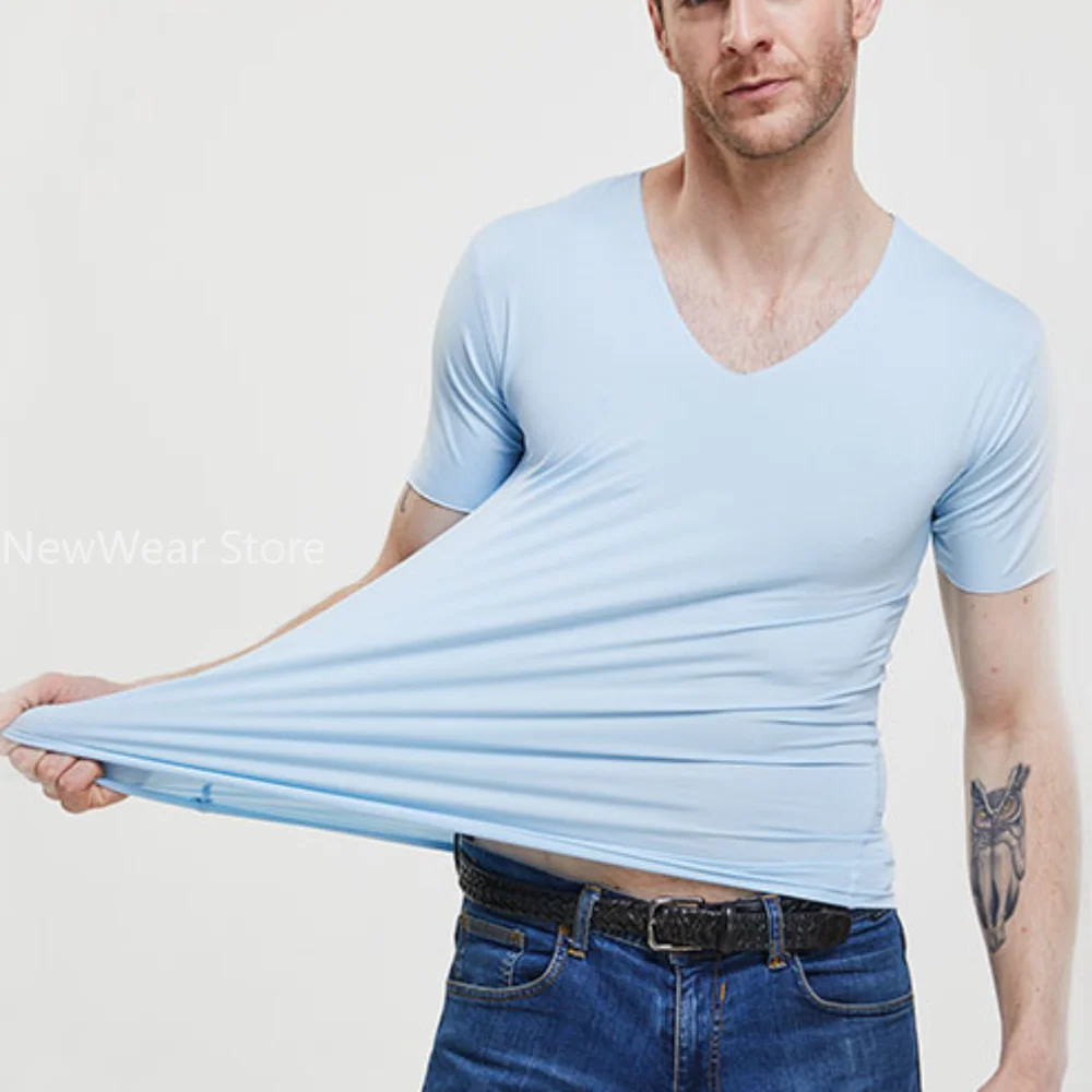 Fashion Summer Seamless Breathable Ice Silk T-Shirt Vest Men\'s Sports Short Sleeve T-shirt Ice Silk Solid Color V-neck M-5XL