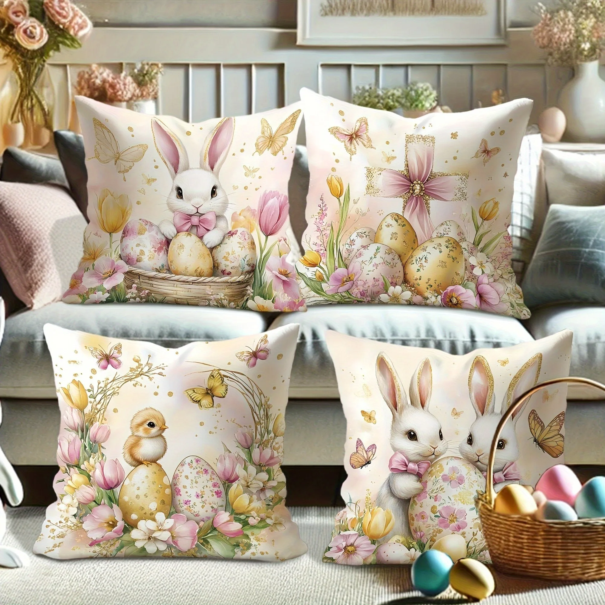 

Pastel Easter Bunny Pillowcase: Floral & Egg Pattern Decorative Pillow Cover