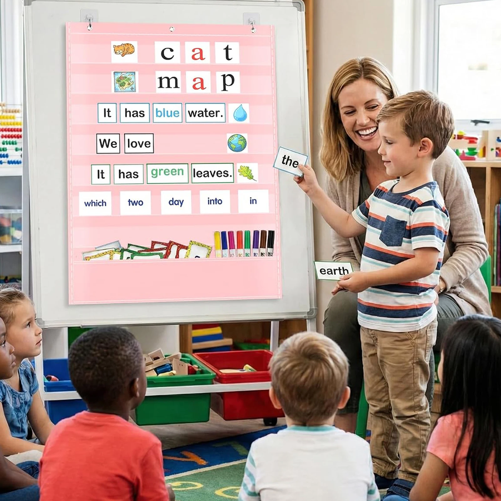 Pocket Chart Calendar for Kids Classroom Organizer Oxford Cloth Teacher Supplies Pink Monthly