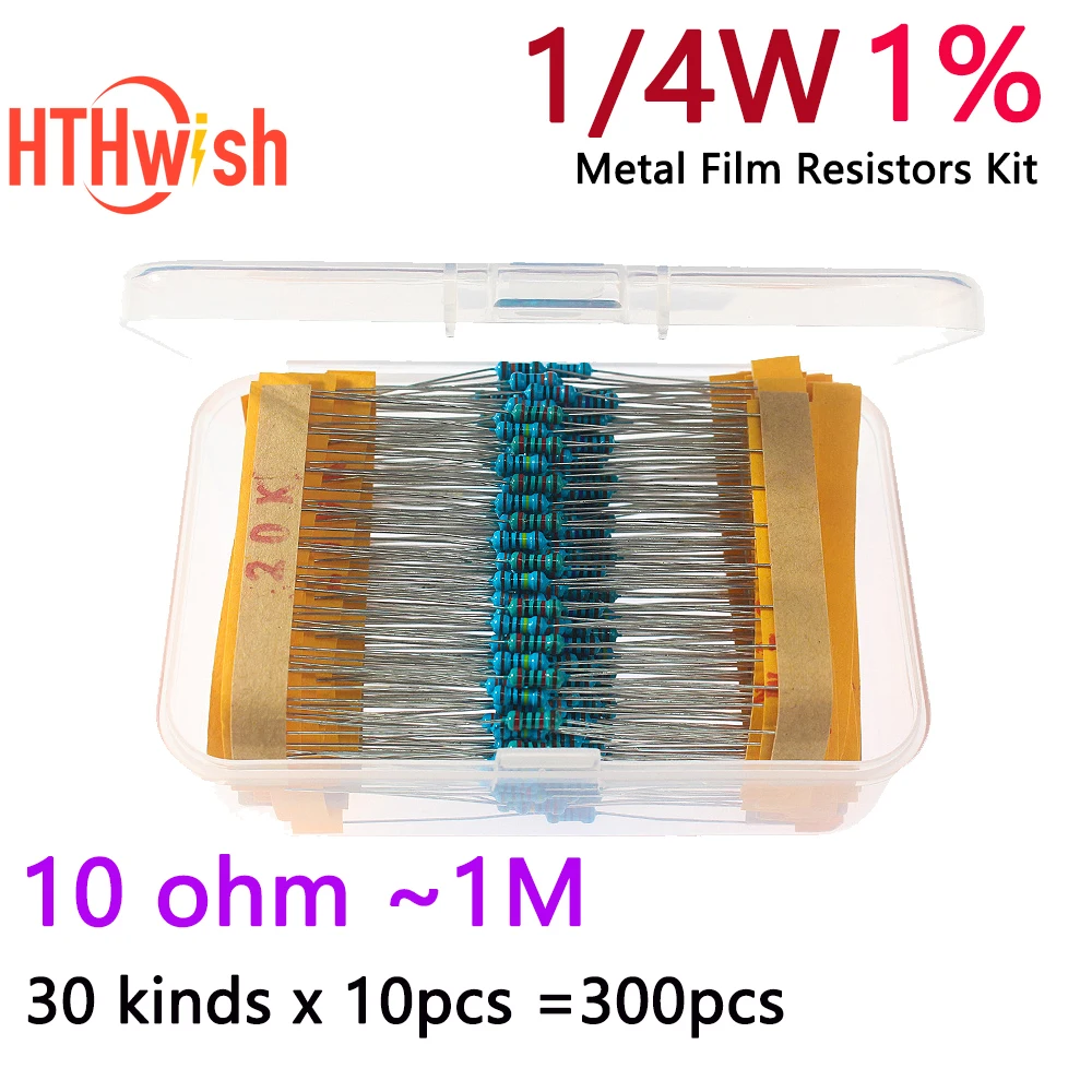 300PCS 30 Values 1/4W Metal Film Resistor Kit  1% Tolerance 10R~1M Resistors Pack 0.25W Set of Resistors DIY Electronic Kit