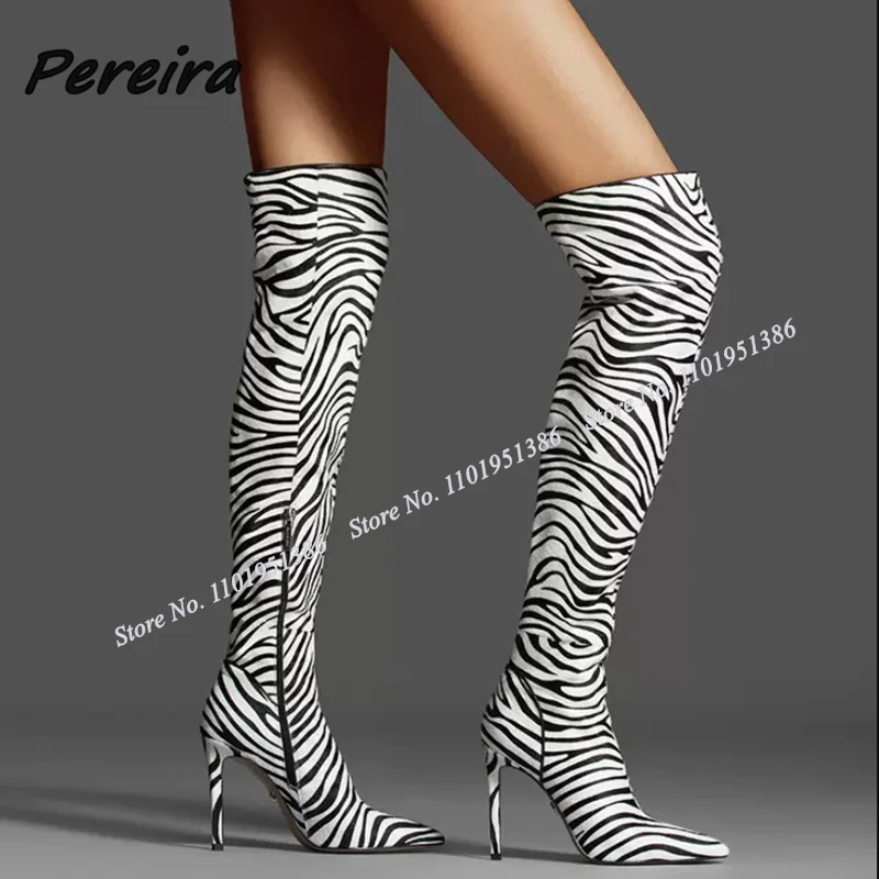 Pereira Mixed Color Zebra-stripe Boots Over the Knee Side Zipper Pointed Toe Stiletto Shoes for Women High Heel Zapatillas Mujer