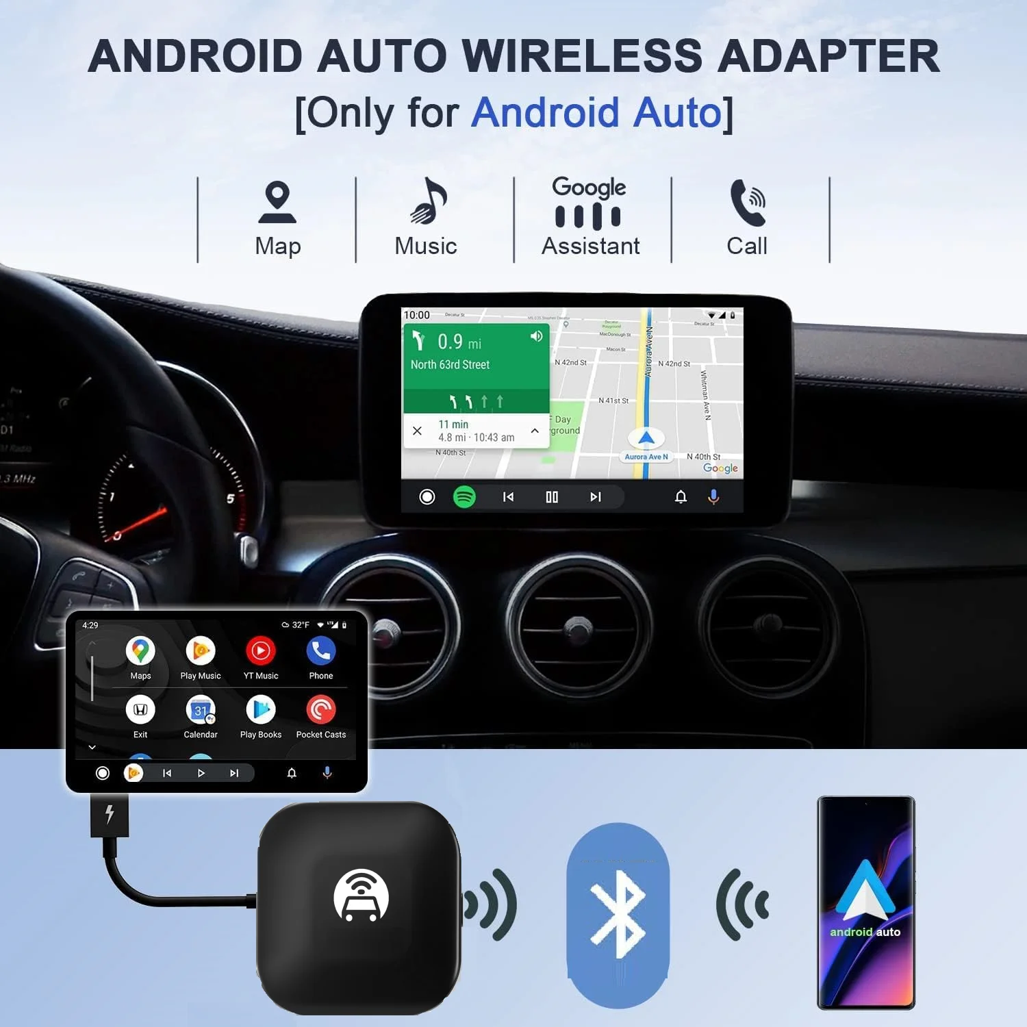 

Wireless Android Auto Adapter Wireless Android Auto Ai Box USB Type-C Dongle 2.4G Bluetooth For Audi Benz Honda Ford