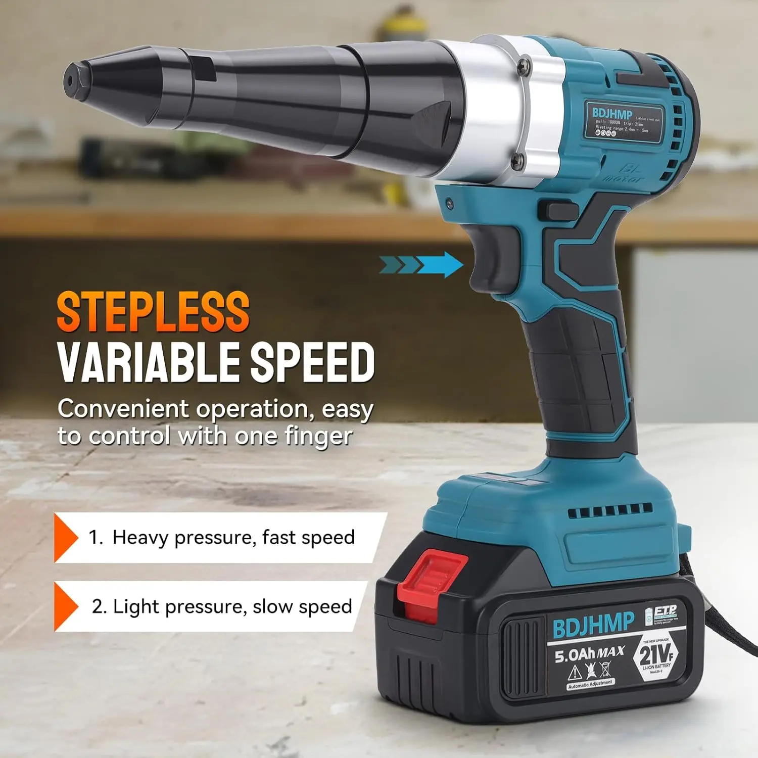 Cordless Rivet Gun, 2248 lbf Electric Riveter Kit for 1/8', 5/32', 3/16' Rivets with 2x 5.0Ah 18V Batteries