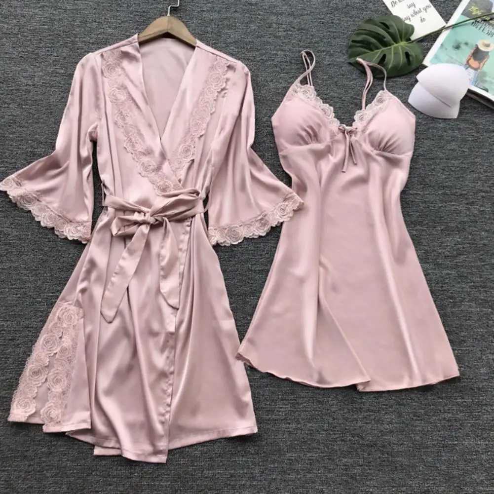 Silky Pajama Set Lace Trim Nightgown Silky Lace-up Pajama Set with Lace Patchwork Bow Decor for Women Loose Long Sleeve