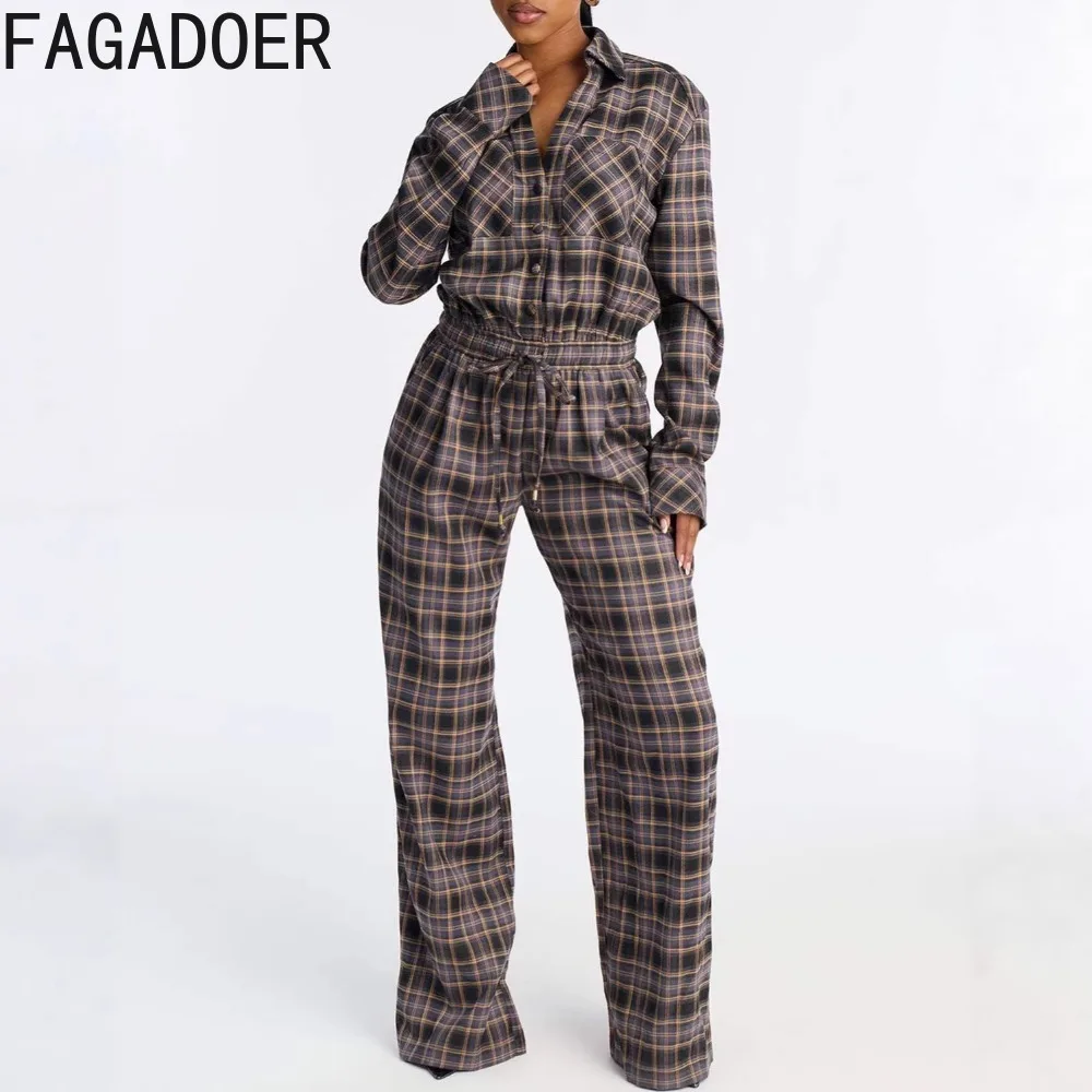 FAGADOER Fashion Checkered Print Bodycon Jumpsuits for Woman Long Sleeves Ruched Patchwork Rompers Female Streetwear Overalls