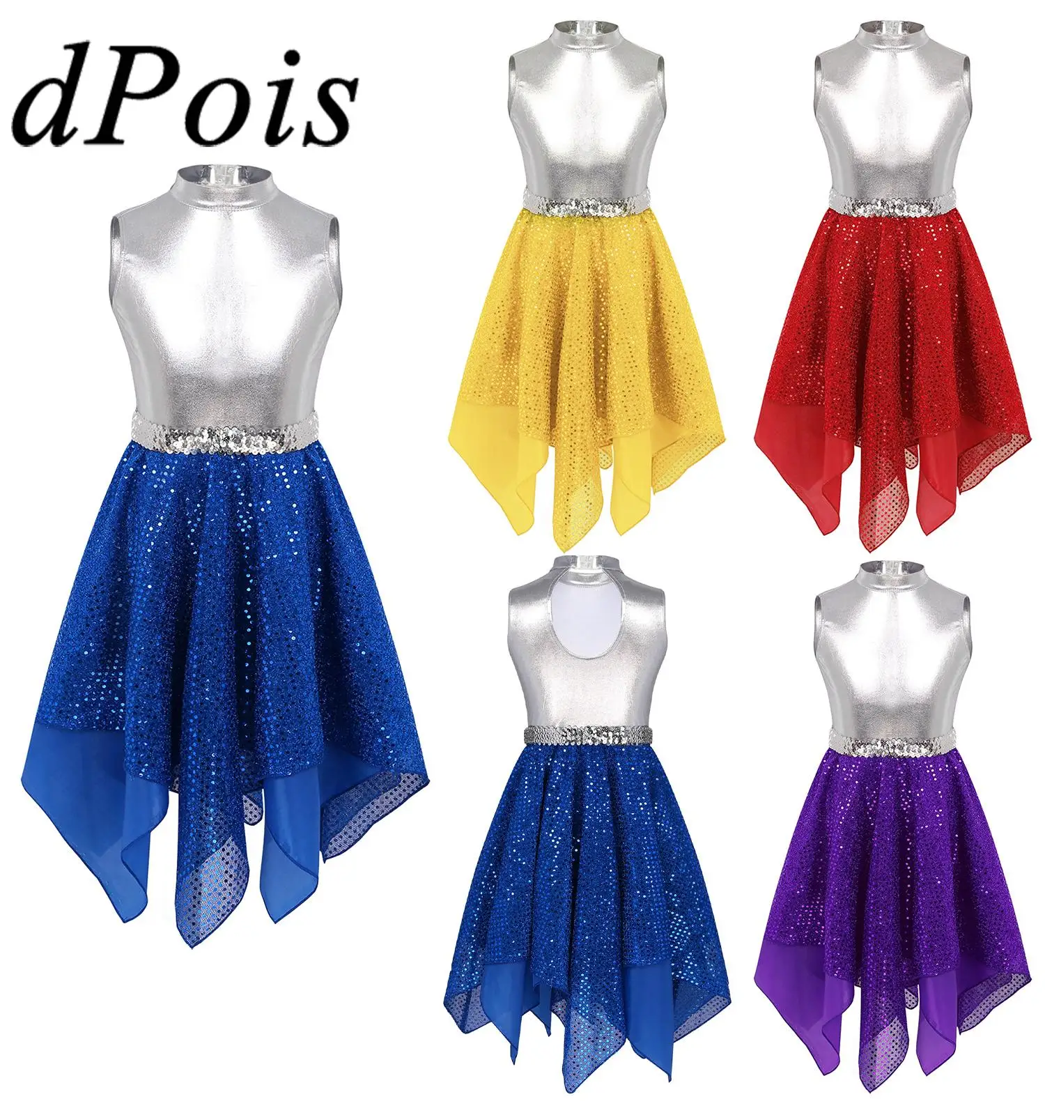 

6-16Y Kids Girls Liturgical Praise Dance Dress Color Block Sleeveless Asymmetrical Contemporary Dance Costume Praisewear