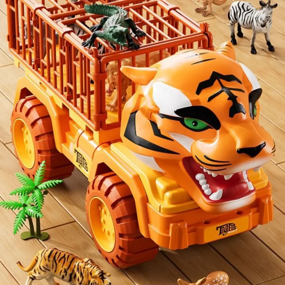 Veículo de transporte de tigre simulado de plástico com figuras de animais deslizantes puxar para trás caminhão brinquedos carro quebra-cabeça de tamanho grande