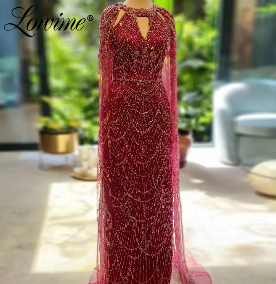 

Elegant Burgundy Evening Dresses Formal Straight Long Cape Sleeve Party Dress Arabic Dubai Customized Wine Red Prom Gowns 2026