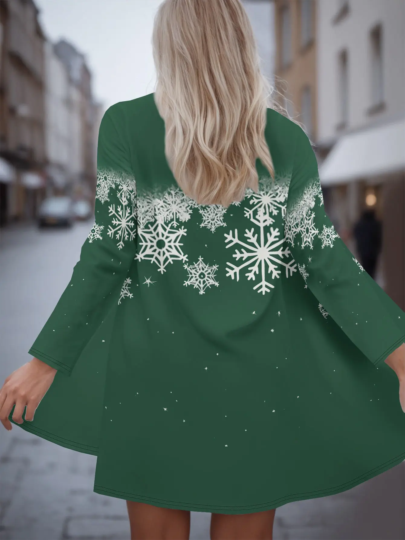 Casaco feminino com estampa de floco de neve, design 3D verde branco, padrão completo de manga comprida, moda sazonal de inverno