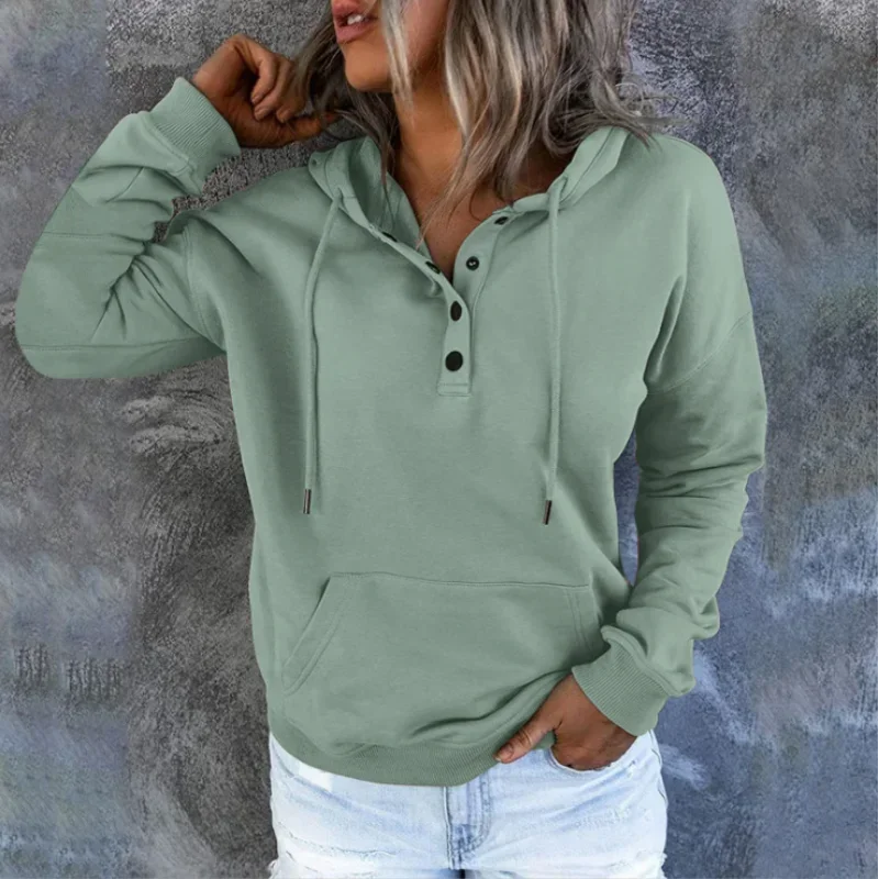 New Autumn Solid Women's Basic Clothing Casual Loose Hooded Sweatshirts Long Sleeve Button Neck Hoodies With Pocket Lady Hoodie