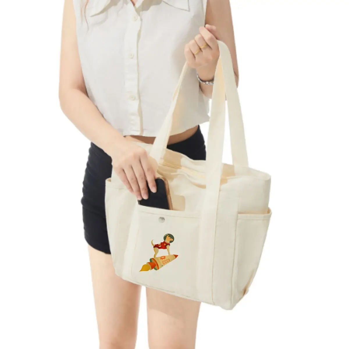 Space Dog Whimsical Cosmonaut Dog on Rocket Art with Multiple Pocket Lightweight Foldable Design for Office Commute Shopping