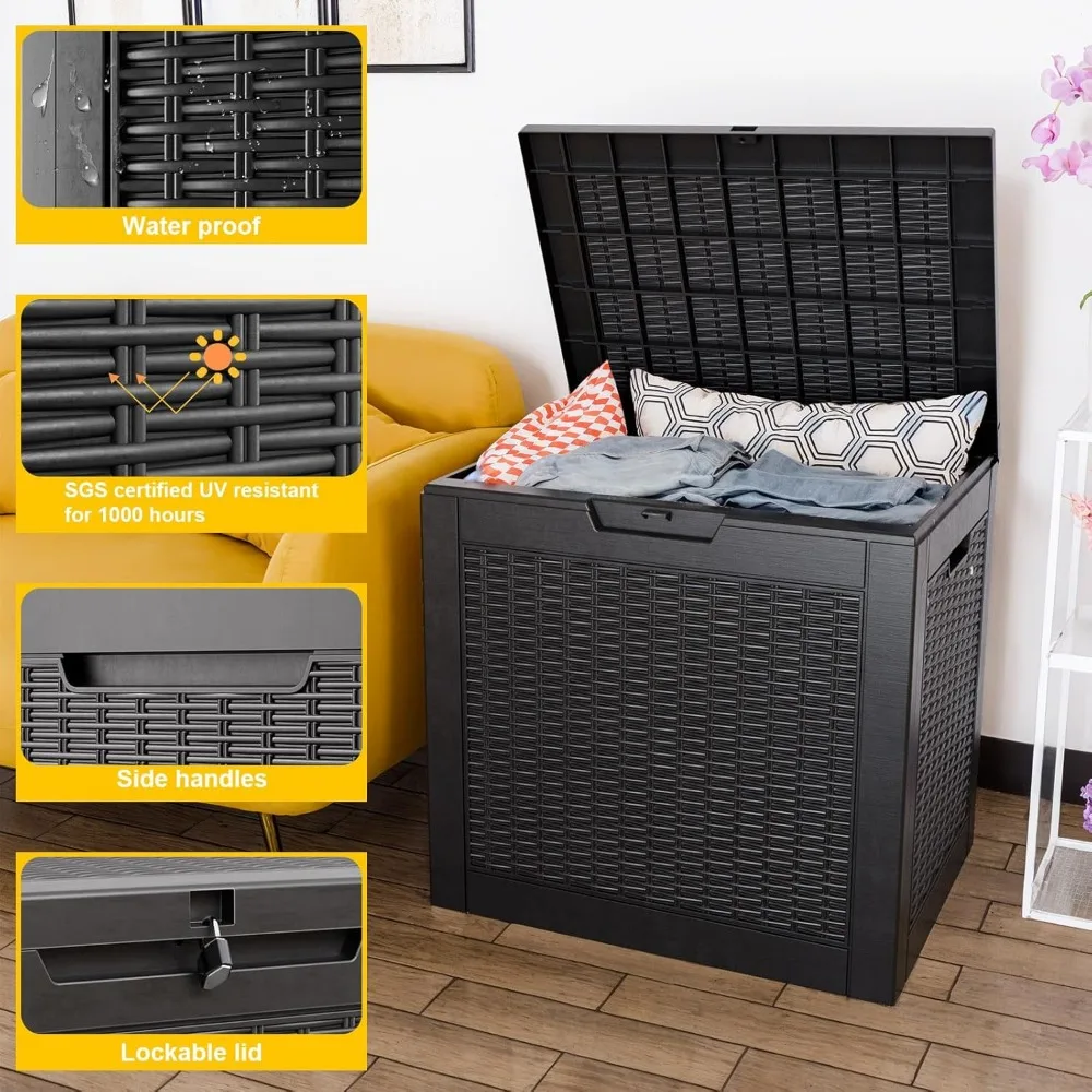 31 Gallon Waterproof Outdoor Resin Deck Box with Lockable Lid, Stylish Wicker Pattern, Easy Assembly Features and Convenient Han