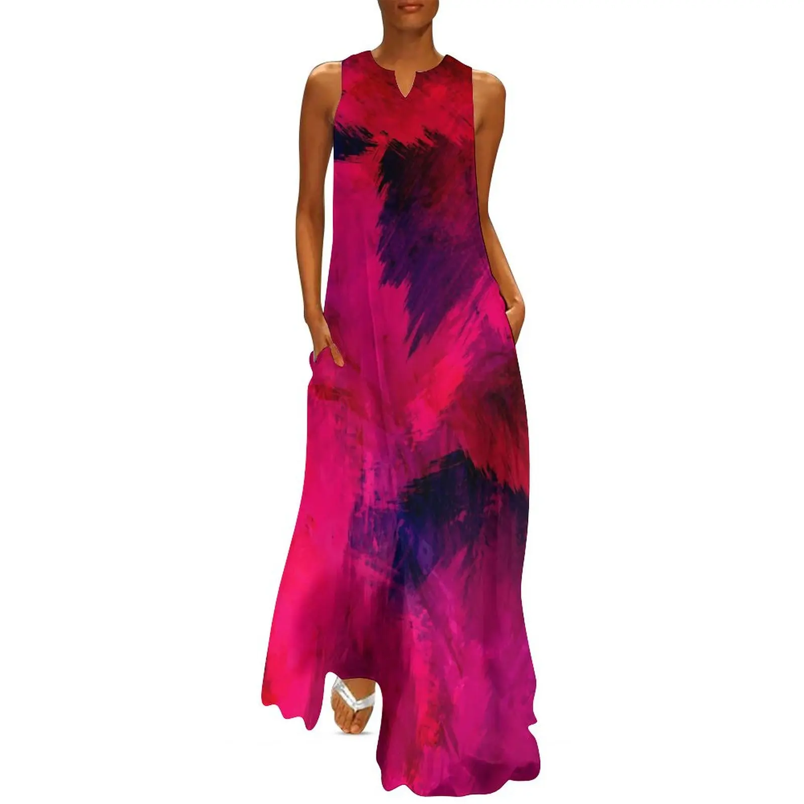 Vestido maxi longo abstrato escova, vestido de praia vintage Boho, Design decote V, Vermelho e roxo, Estilo de rua, Verão