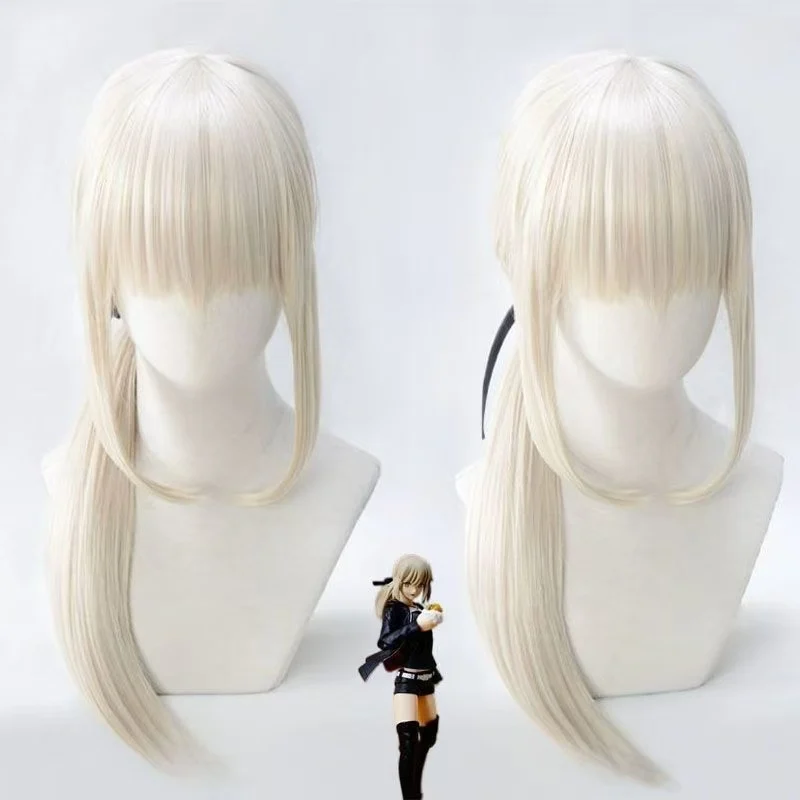 Fate/Grand Order Artoria Alter Cosplay Wig, Cream Blonde Low Ponytail Wig Heat‑Resistant Synthetic Wig for Halloween Costume