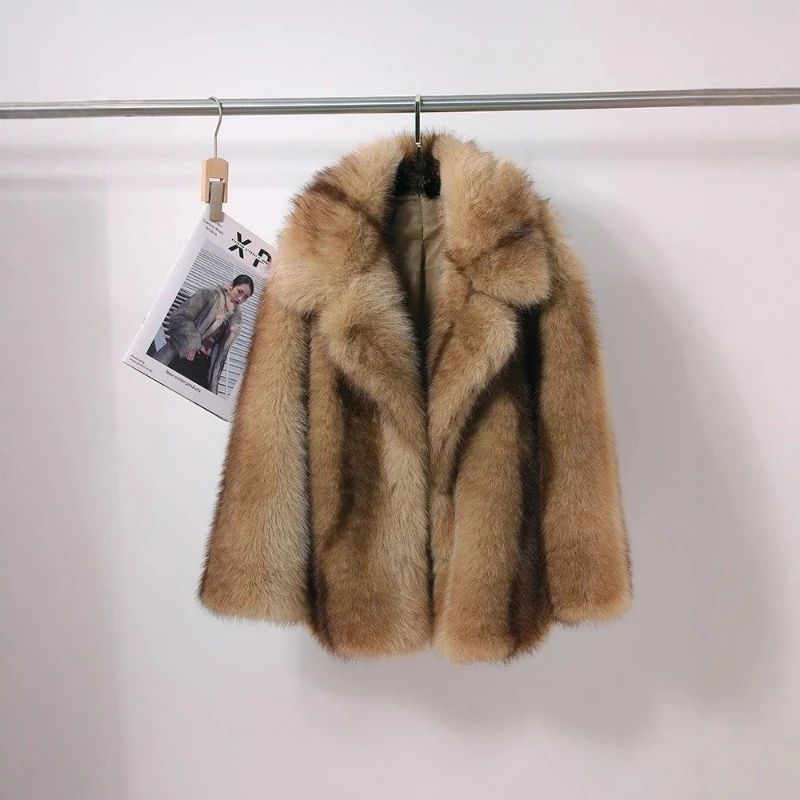 Artificial Fur Coat European and American Long-sleeved Lapel Short Women's Top Warm Coffee-colored Coat New Autumn Winter Style