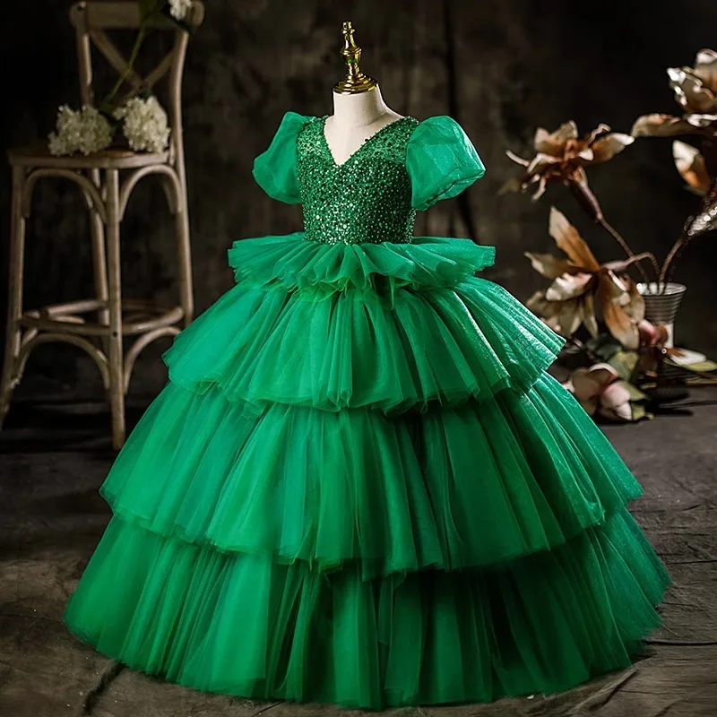 2024 Luxury Green Girl Cake Dress Formal Occasions Evening Long Dresses Nobal V-Neck Sequins Vestidos Kids Clothes Birthday Gown