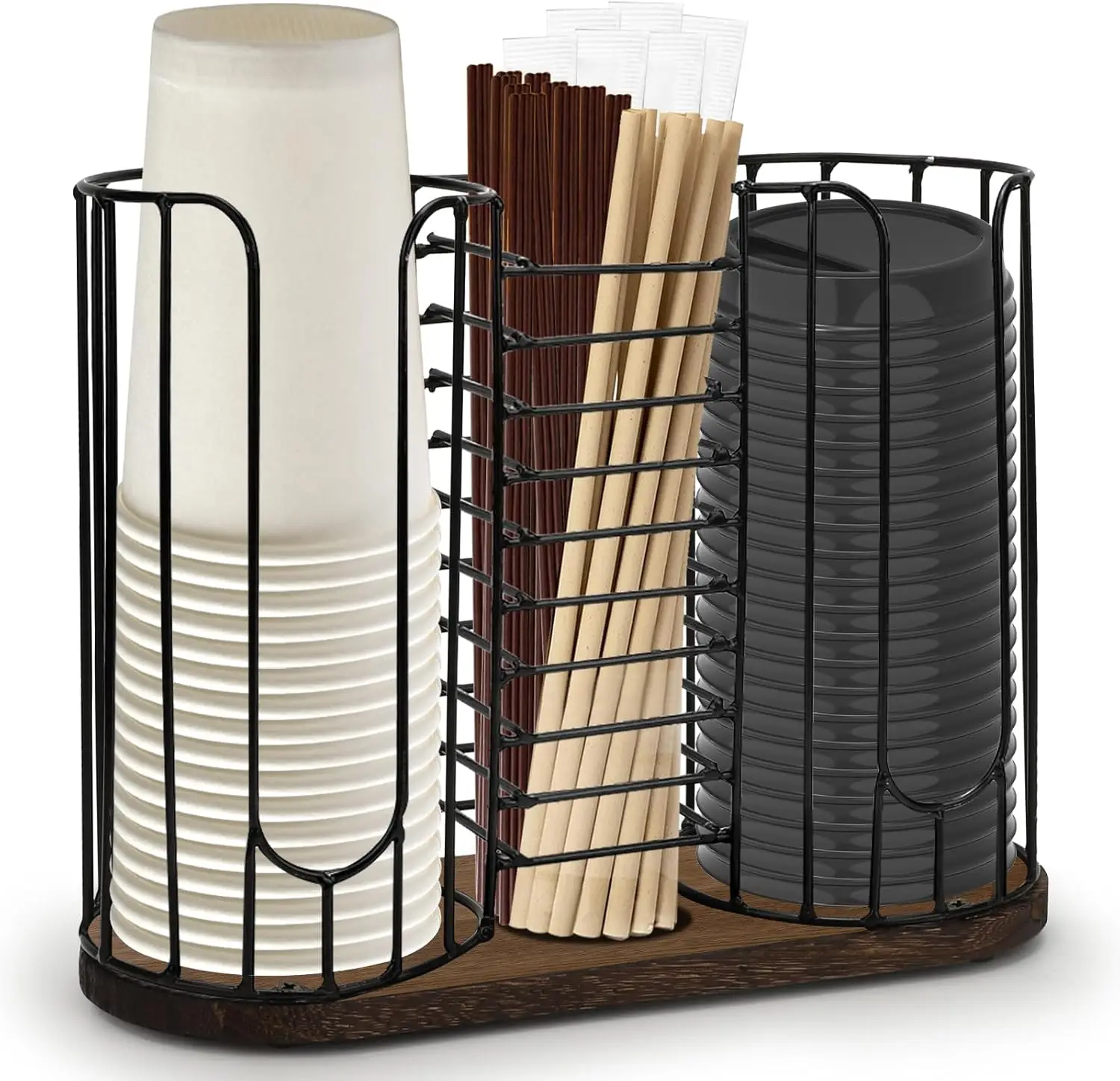 

3-Compartment 18oz Coffee Cup Dispenser with Wood Base - Organizer for Cups, Lids & Straws