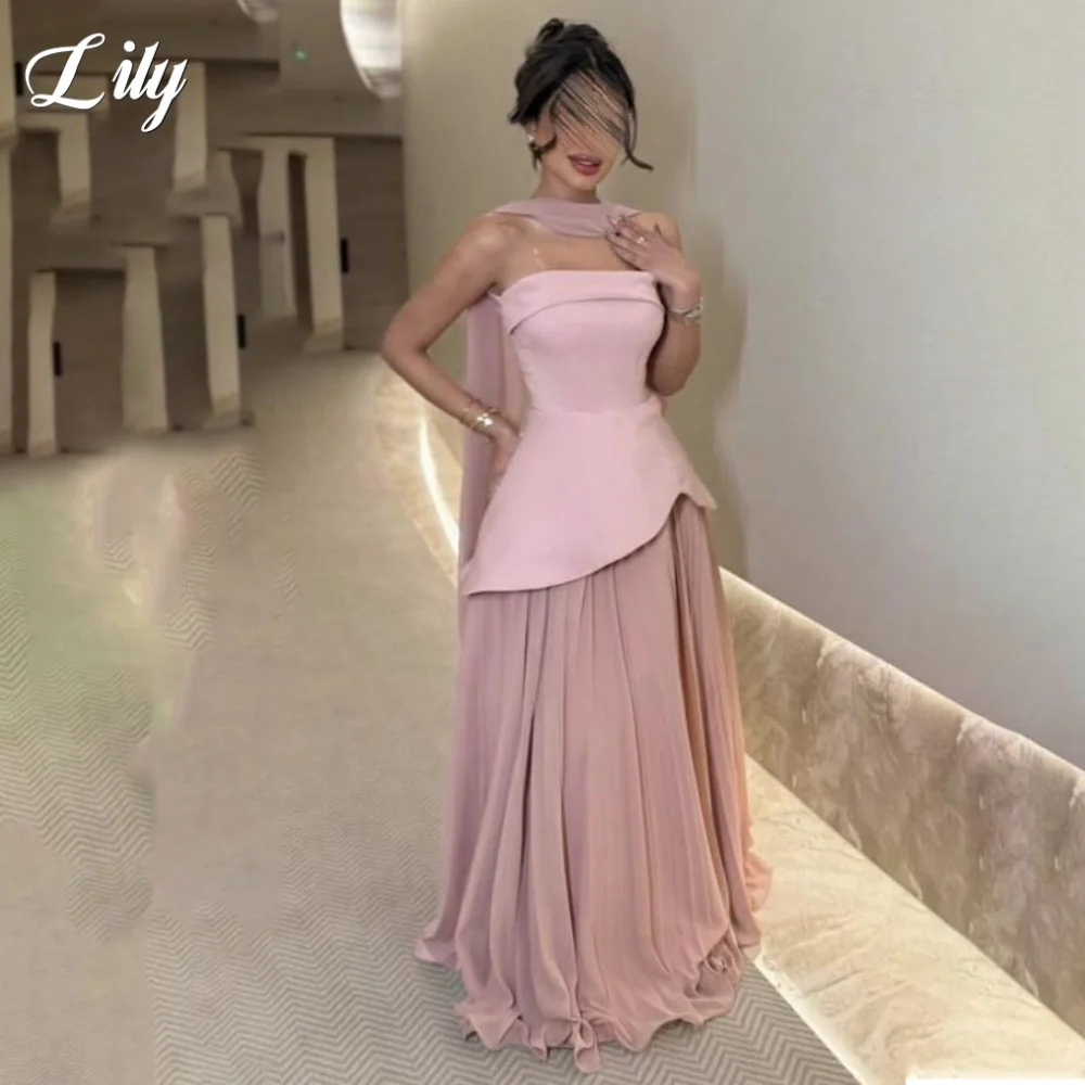 

Lily Pink Simple 프롬 드레 Strapless Prom Gown A-Line Corset Back Satin Party Dresses with Scarf for Special Events Customized