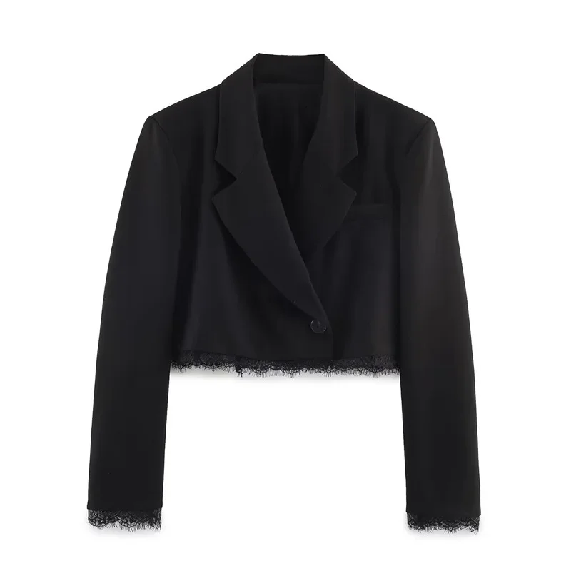 Women's Black Cropped Blazer Lace Trim Long Sleeve One Button Casual Office Blazer Streetwear Outerwear
